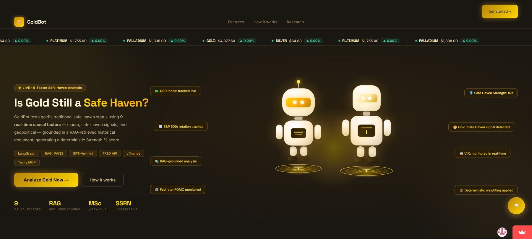 GoldBot landing page hero, showing two gold-themed robot mascots and live safe-haven signals