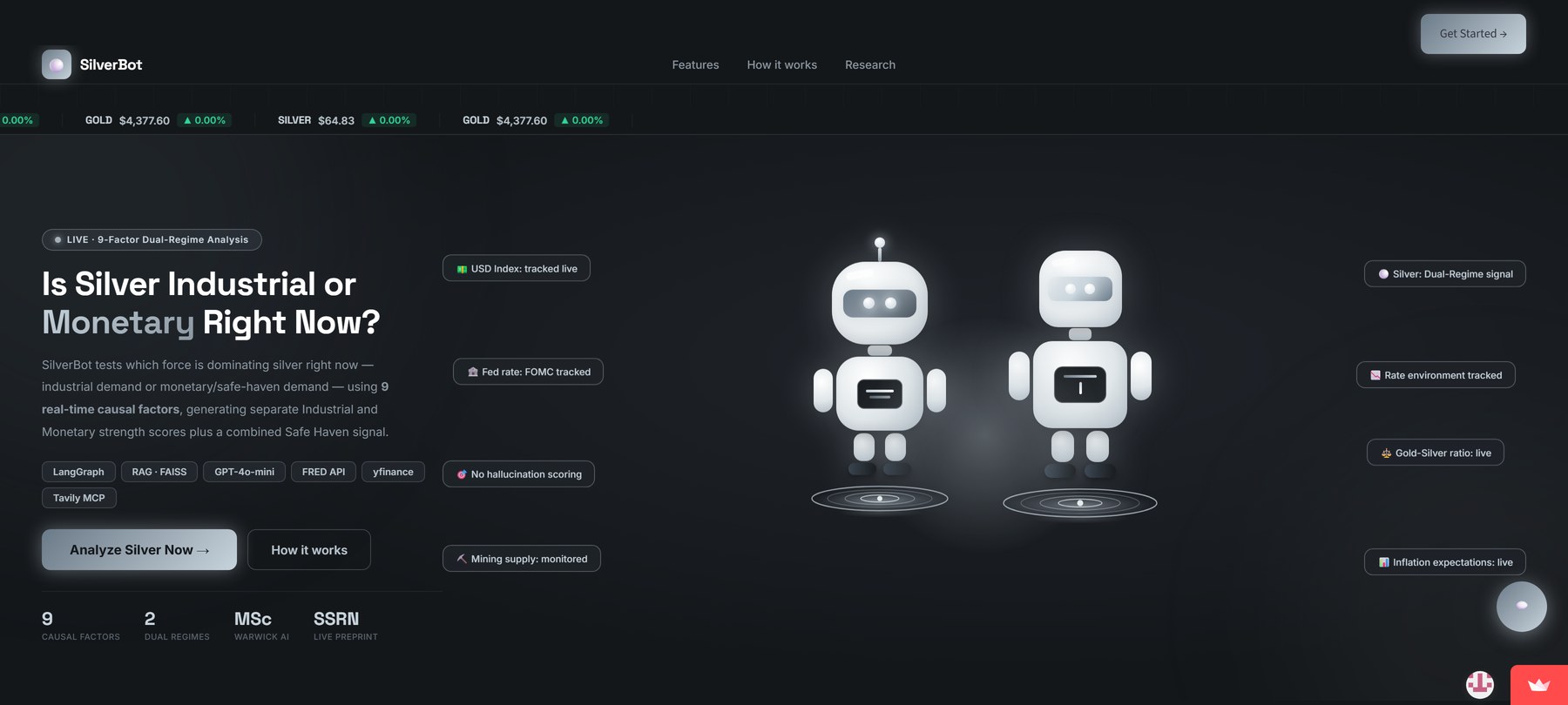 SilverBot landing page hero, showing two silver-themed robot mascots and dual-regime market signals